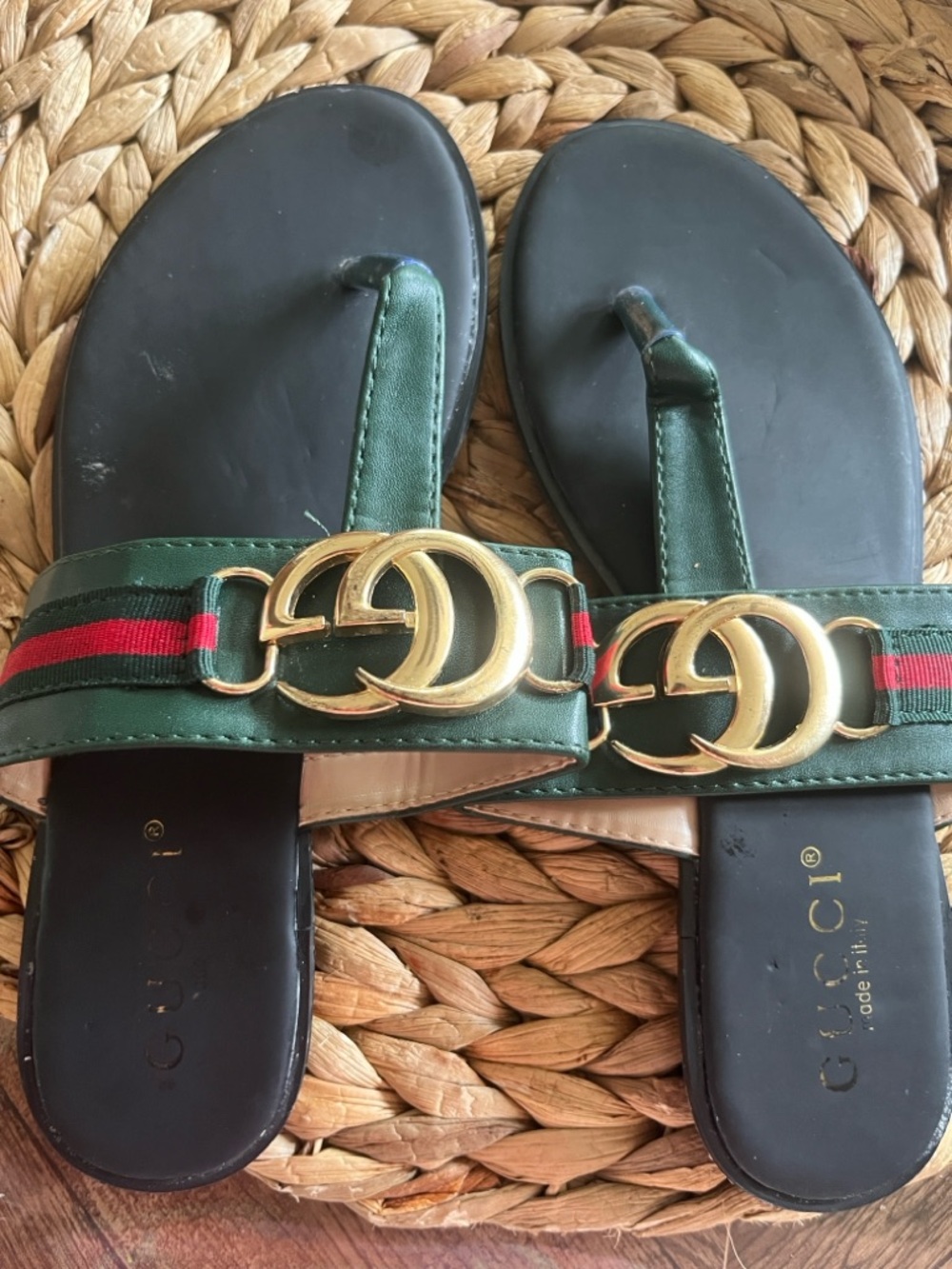 Green Slide Sandals with Gold Double-G Buckle and Red-Black Stripe
